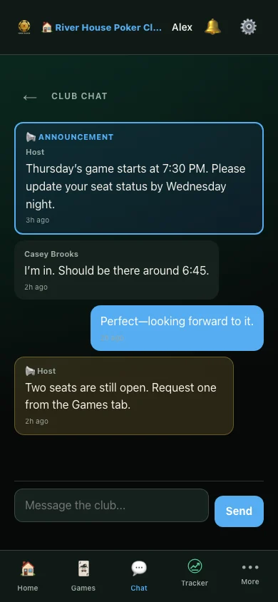 Club chat showing a fictional host announcement, member replies, and an open-seat reminder