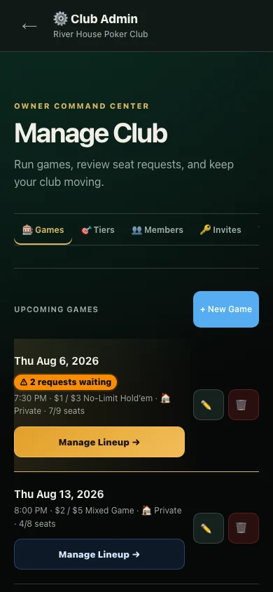 Club Admin games screen showing two scheduled games, confirmed seats, two pending requests, and Manage Lineup controls