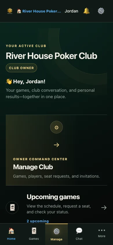 River House Poker Club host dashboard with upcoming games and club management access using fictional data