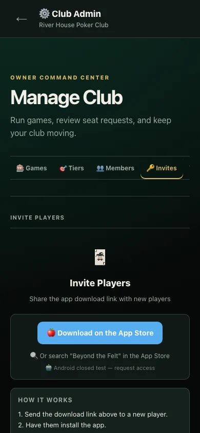 Club Admin invite screen showing a private player invitation workflow