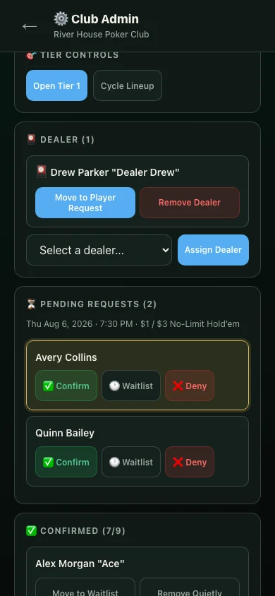 Club Admin lineup screen showing fictional dealer and pending players with Confirm, Waitlist, and Deny controls