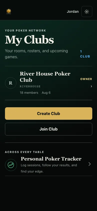 My Poker Clubs screen showing River House Poker Club, its private code, member count, next game, and Create or Join Club actions