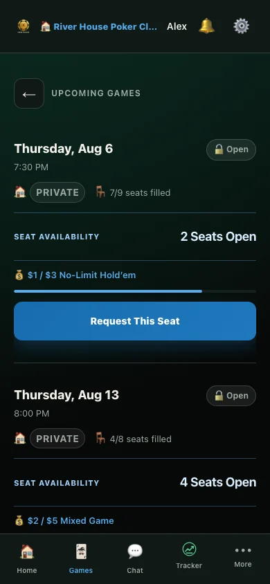 Upcoming games screen showing two private games, seat availability, stakes, and Request This Seat actions