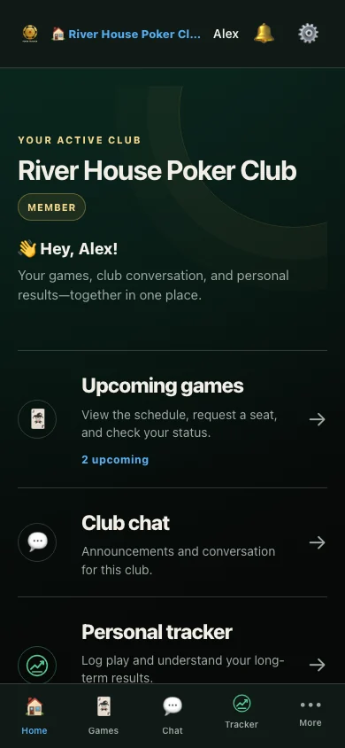 River House Poker Club player dashboard showing member status, upcoming games, club chat, and personal tracker access