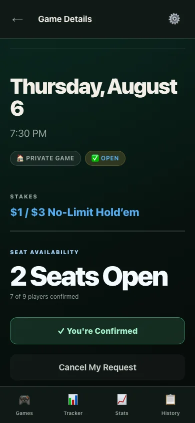 Game details screen showing the player is confirmed for the game