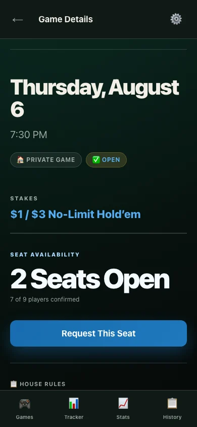 Game details screen showing two open seats and a Request This Seat button