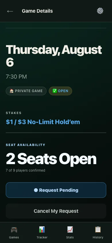 Game details screen showing a pending player seat request