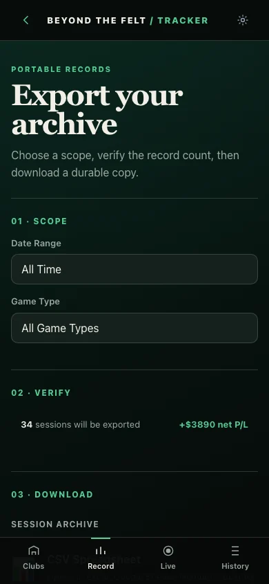 Export your archive screen showing scope, date range, game type, record count, and net profit verification