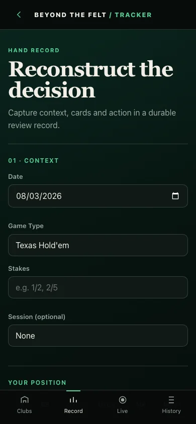 Hand journal entry screen for date, game type, stakes, session, position, cards, action, and analysis