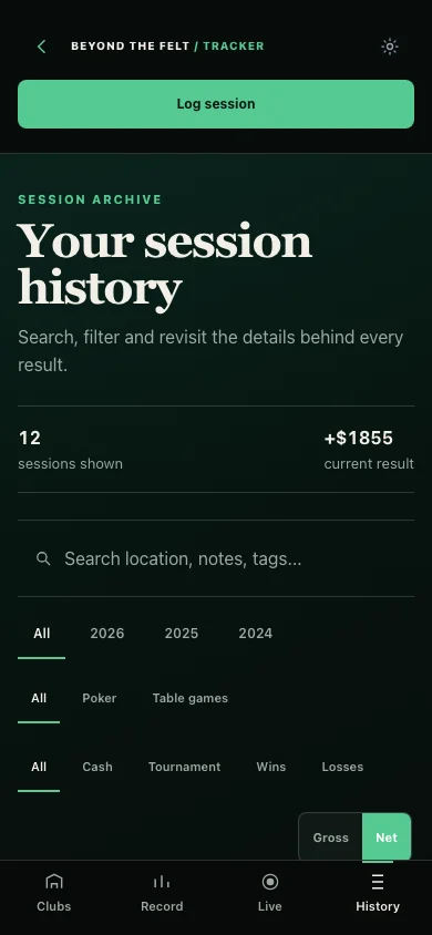 Session history screen with search, year, game category, cash or tournament, and win or loss filters