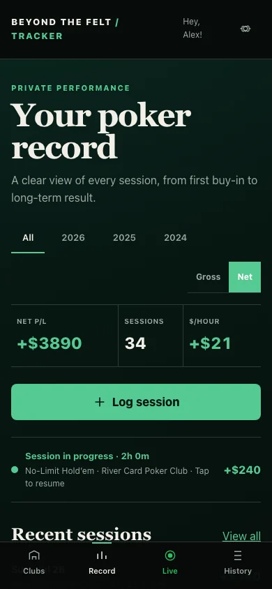 Beyond the Felt tracker home screen showing net profit, session count, hourly result, an active session, and recent sessions