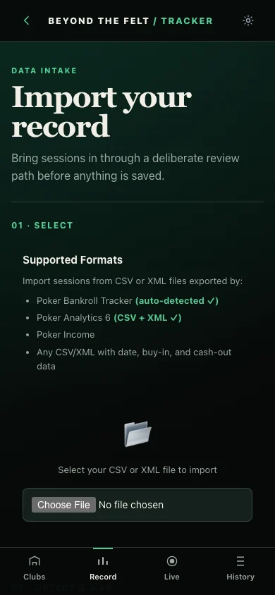 Import your record screen showing supported poker tracker and CSV or XML formats