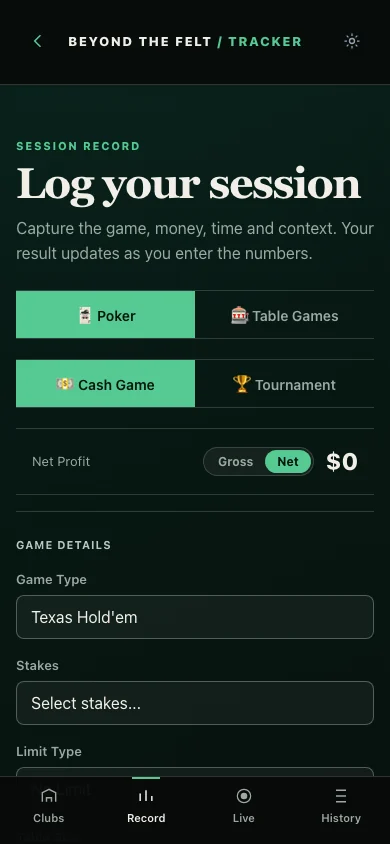 Log your session screen with Poker and Table Games modes, cash game and tournament choices, net profit, and game details
