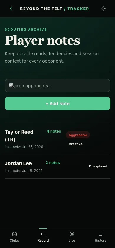 Private player notes screen with fictional opponent names, note counts, and tags